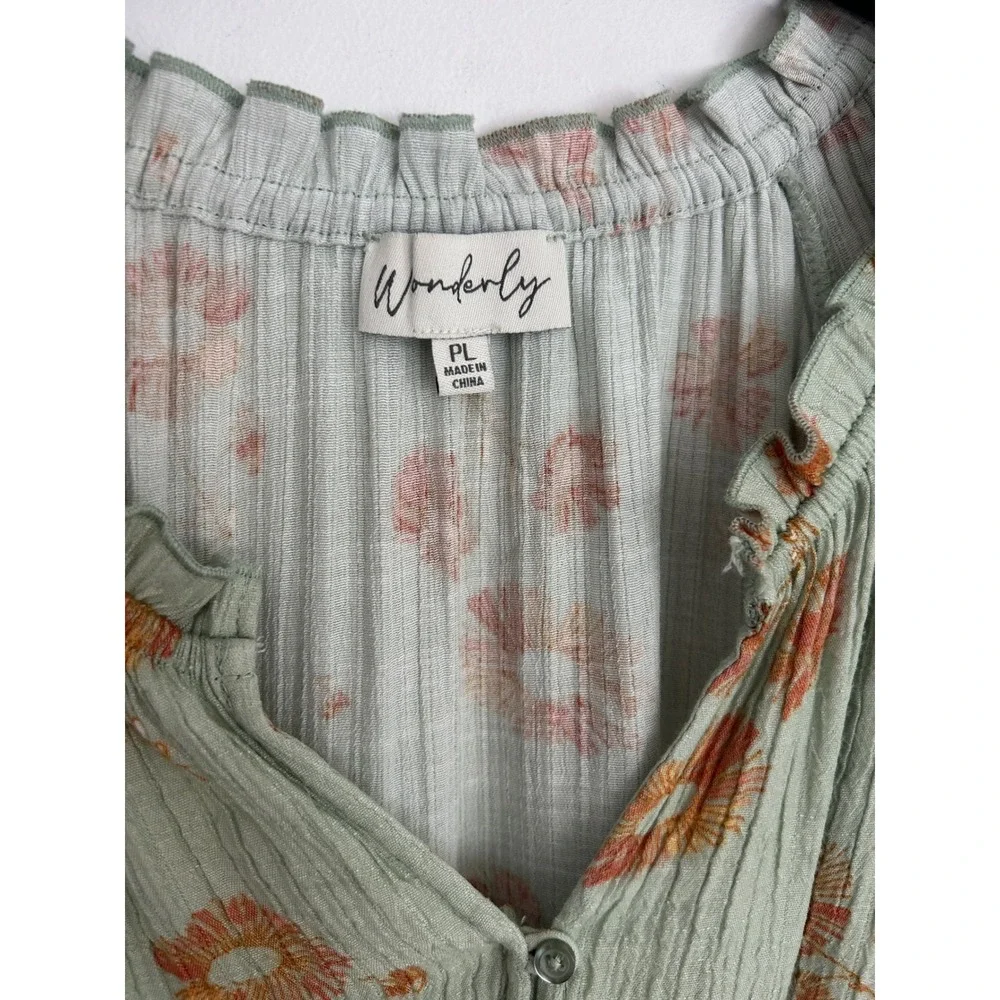 Wonderly Sage Green Floral Gauze Henley Blouse Short Flutter Sleeve Petite Large
